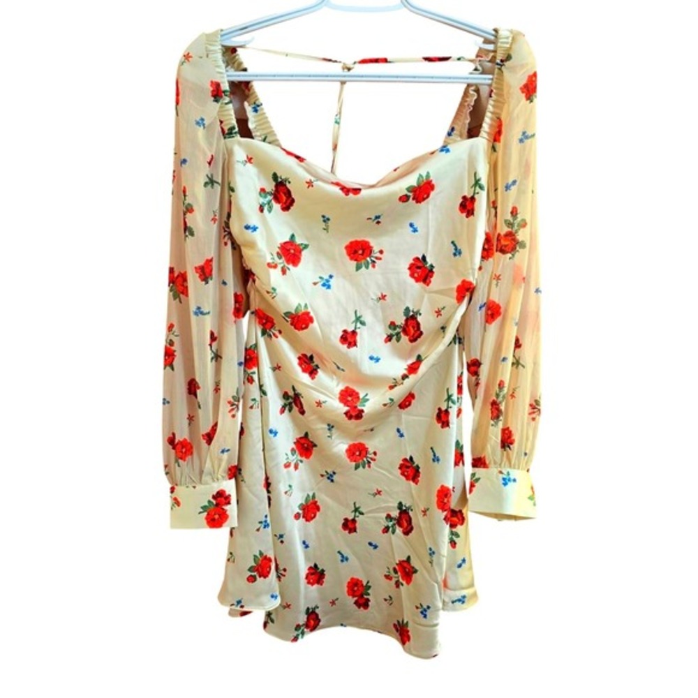 WeWoreWhat Women's Puff Sleeve Cowl Neck Satin Floral‎ Dress Size 4